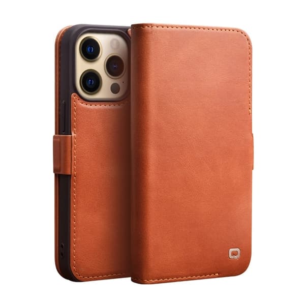 QIALINO iPhone 13 Pro Plånboksfodral Äka Läder Flip Folio Brun