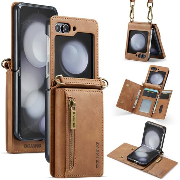 DG.MING Samsung Galaxy Z Flip5 Konstläder Plånboksfodral Kickstand Brun