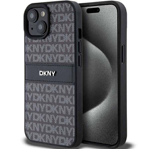 DKNY iPhone 15/14 Plus Mobilskal Läder Mono Stripe & Metal Logo Svart
