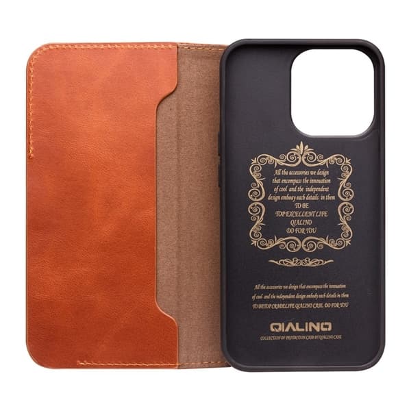 QIALINO iPhone 14 Plus Plånboksfodral Äkta läder - Brun Brun