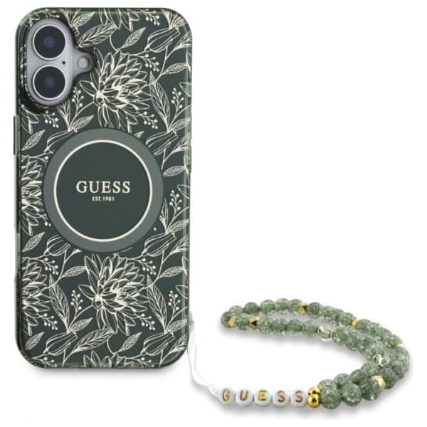 Guess telefontaske til iPhone 16 Plus MagSafe IML blomster med rem - grøn Grön