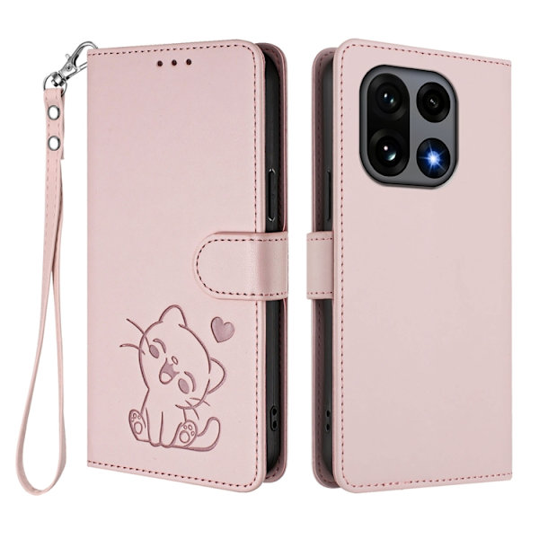 OnePlus 15 Konstläder Plånboksfodral Love Cat Pattern Imprint Rosa