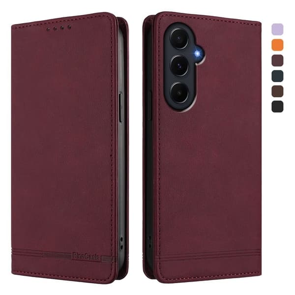 RINACASIS Samsung Galaxy A55 5G Plånboksfodral Konstläder RFID Skydd - Vinröd