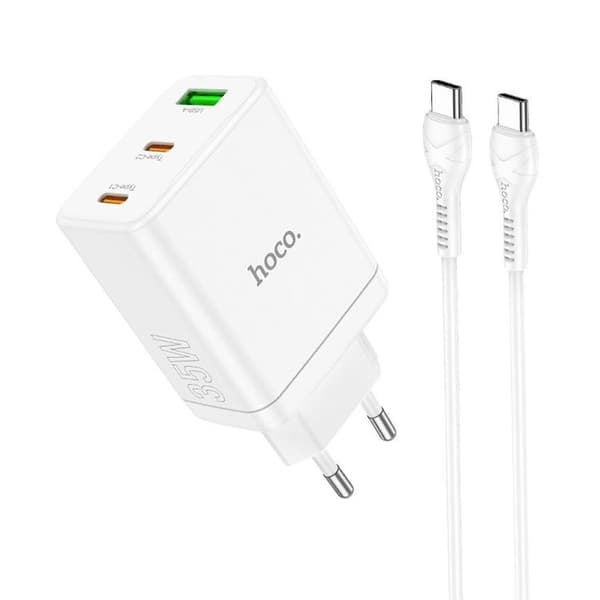 Hoco Vægoplader 35W 2xType C+ USB A med Type-C Kabel 1m - Hvid Vit