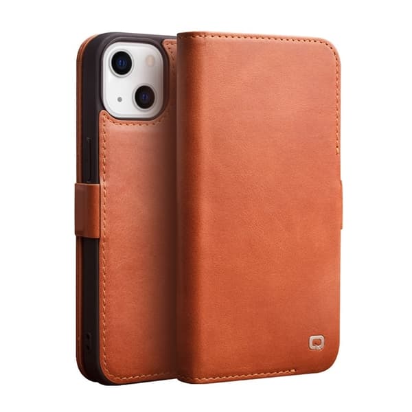 QIALINO iPhone 13 Mini Plånboksfodral Äkta Läder Flip Folio Brun