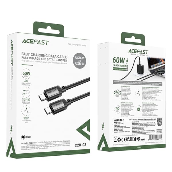 Acefast USB-C - USB-C 3A Kabel 1.2m 480Mb/s - Svart Svart