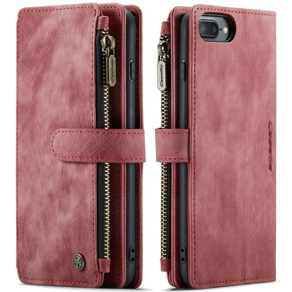 CASEME Konstläder Plånboksfodral för iPhone 6/7/8 Plus med rem - Röd