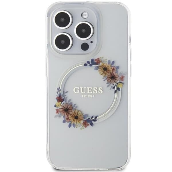 Guess iPhone 15 Pro Max Mobilskal Magsafe IML Blomsterkrans Transparent