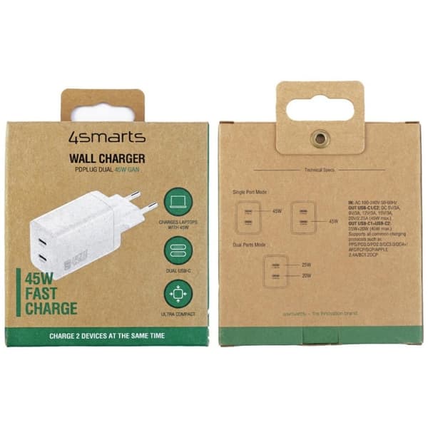 4smarts Vægoplader PDPlug Dual 45W GaN 2xUSB-C - Hvid