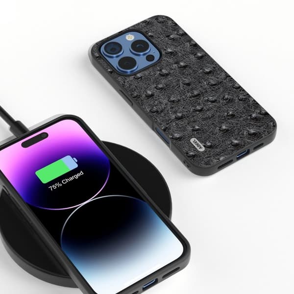 ABEEL Mobilskal till iPhone 16 Pro Äkta Läder Ostrich Textur Svart