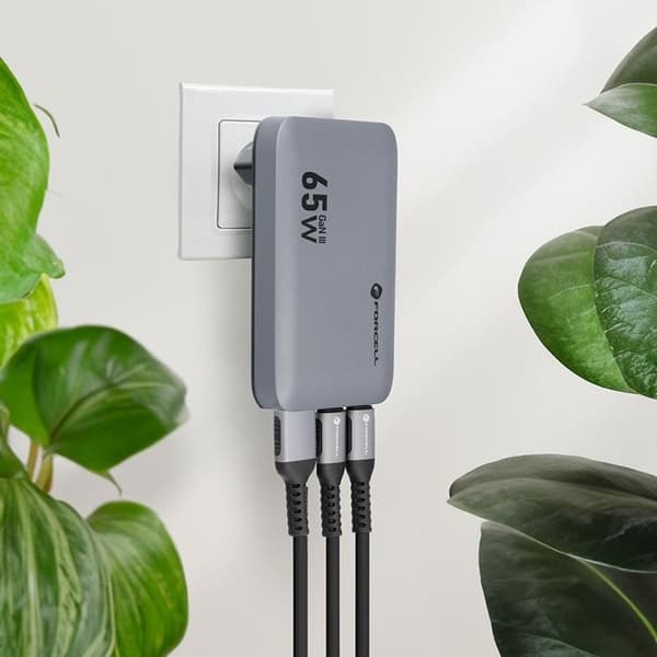 Forcell Hurtigoplader 65W 2 x USB-C - USB-A GaN PD QC4.0 Grå Grå