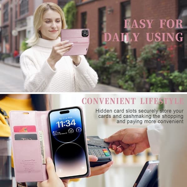 CASEME 003 Plånboksfodral Konstläder iPhone 14 Pro Max Stöd Rosa