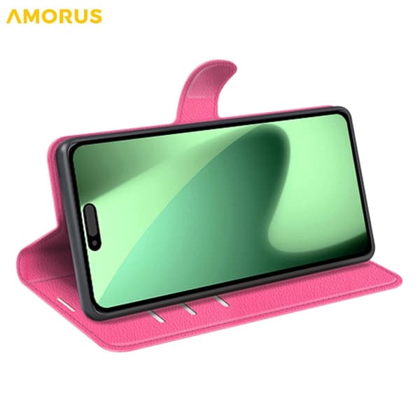 AMORUS iPhone 17 Pro Konstläder Plånboksfodral Flipstativ Litchi - Rosa Rosa