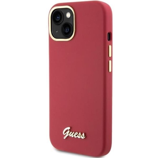 Guess iPhone 15 Mobilskal Silikon Script Metal Logo Frame Röd