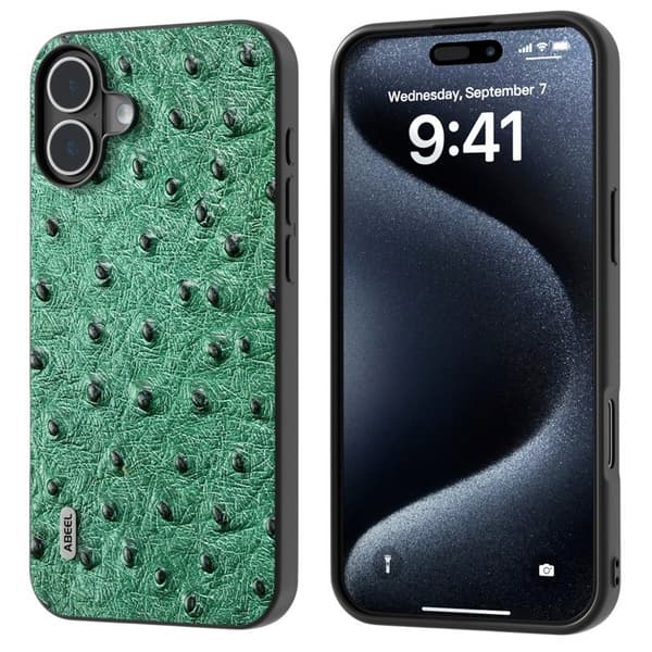 ABEEL Mobilskal till iPhone 16 Plus Ostrich Textur Äkta Läder Grön