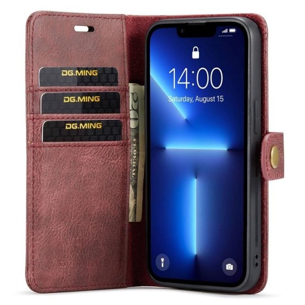 DG.MING iPhone 15 Pro lompakkokotelo Aito nahka 2in1 - Punainen