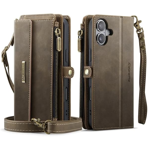 Caseme iPhone 16 Konstläder Plånboksfodral RFID-Skydd Zipper - Brun Brun