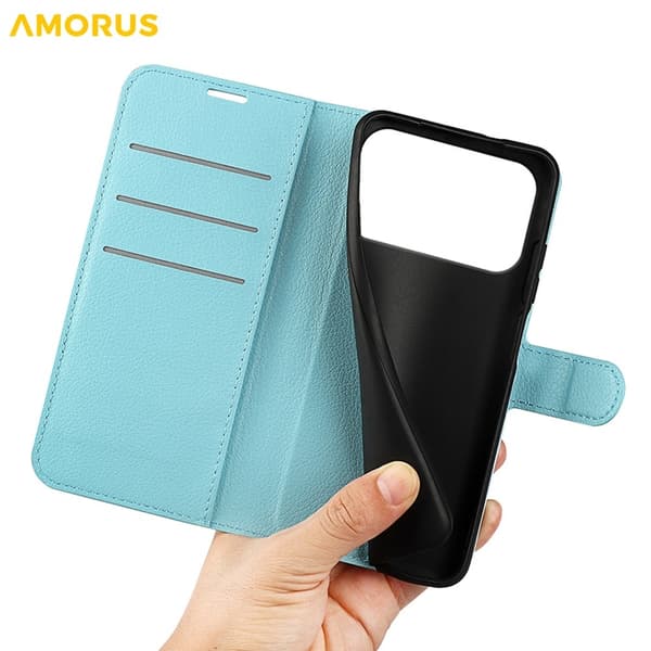 AMORUS iPhone 17 Pro Konstläder Plånboksfodral Flipstativ Litchi - Blå Blå