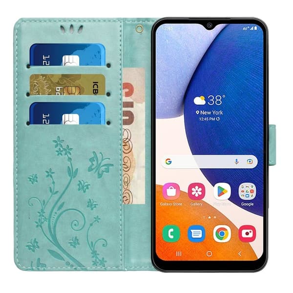 Samsung Galaxy S26+ Plånboksfodral Konstläder Blomma Prägling - Blå
