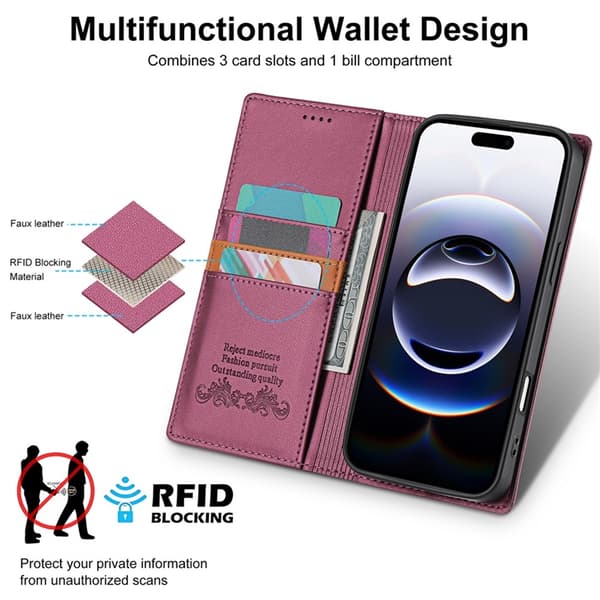 N.BEKUS iPhone 17 Konstläder Plånboksfodral RFID-Skydd P3 - Vinröd Vinröd