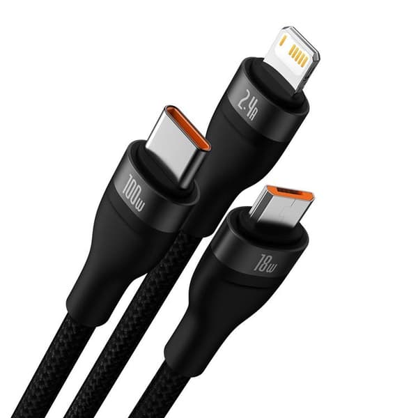 Baseus 3in1-pikalatausjohto Lightning, USB-C, microUSB 100W Black
