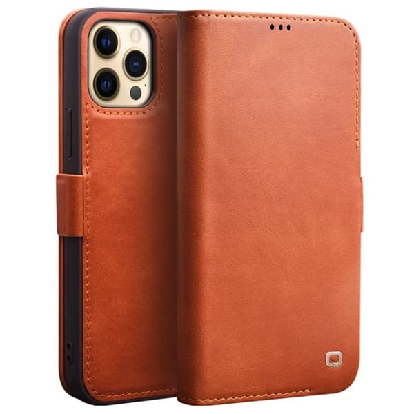 QIALINO iPhone 12 Pro Plånboksfodral Äkta Läder Magnetlås Brun