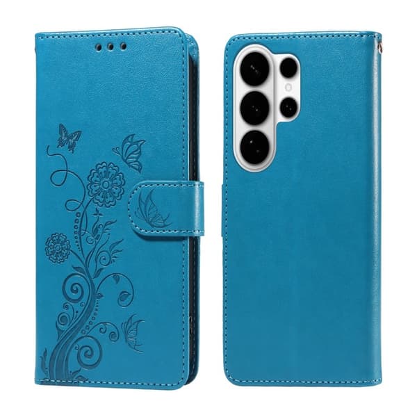 Samsung Galaxy S26 Ultra Plånboksfodral Konstläder Blomtryck Ställ - Blå