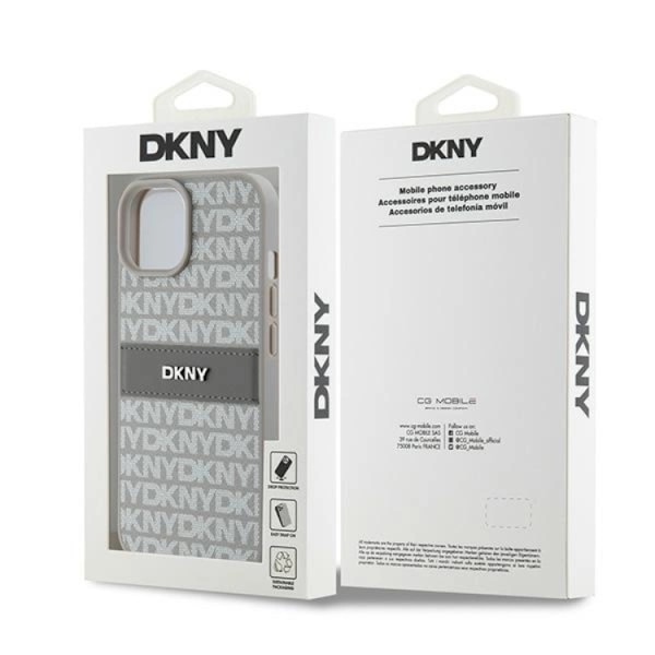 DKNY iPhone 15/14 Plus Mobilskal Läder Mono Stripe & Metal Logo Beige