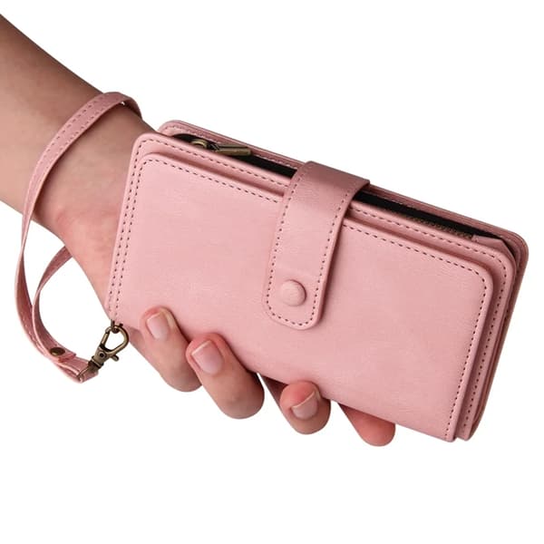 iPhone 17 Pro Konstläder Plånboksfodral Zipper Rem Rosa
