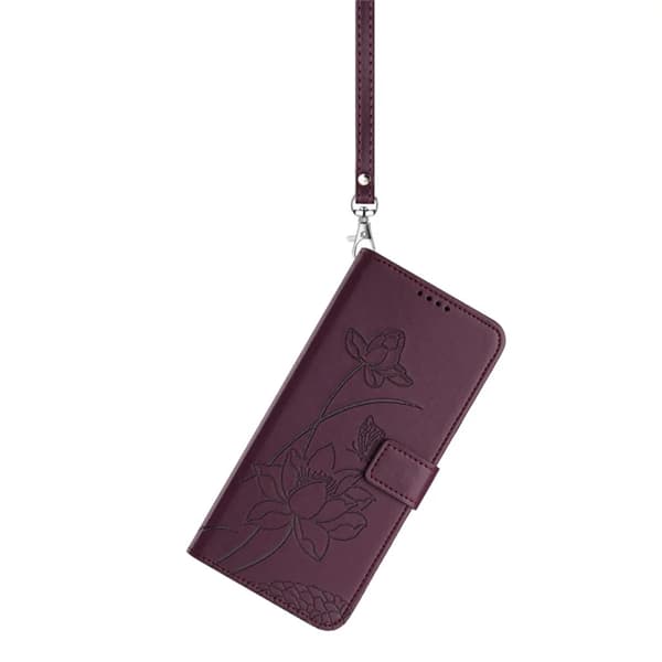 iPhone 17 Pro Max Konstläder Plånboksfodral Lotus Imprint Vinröd
