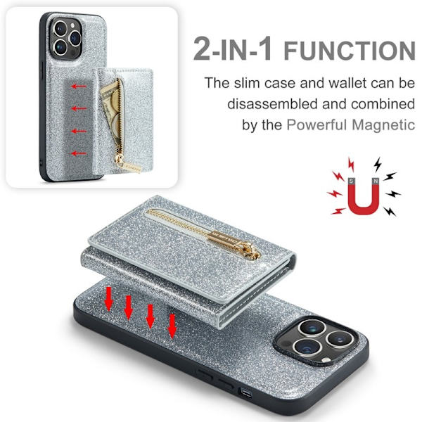 DG.MING M3 Series iPhone 15 Pro Max Konstläder Plånboksfodral Glitter Silver