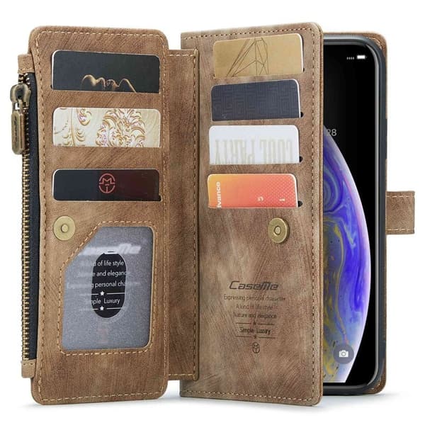 CASEME Konstläder Plånboksfodral för iPhone XS Max med Rem - Brun