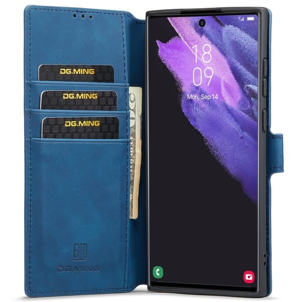 DG.MING Retro KonstLäder Wallet Mobilskal för Samsung Galaxy S22 Ultra - Blå