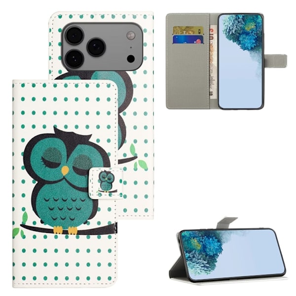 iPhone 17 Pro Plånboksfodral Pattern Print Konstläder - Prickar Uggla Grön