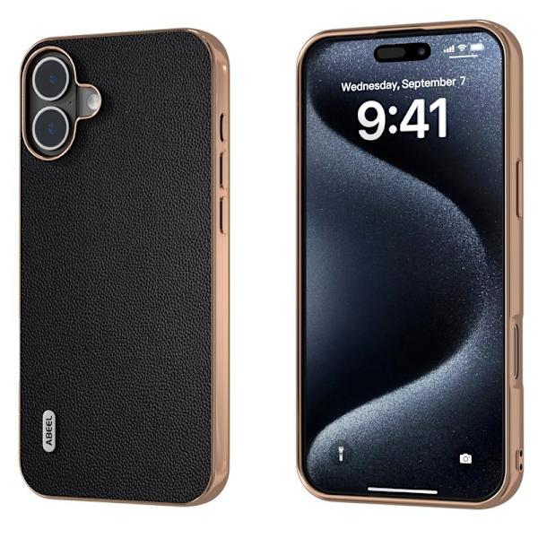 ABEEL Mobilskal till iPhone 16 Electroplating Äkta Läder PC Svart