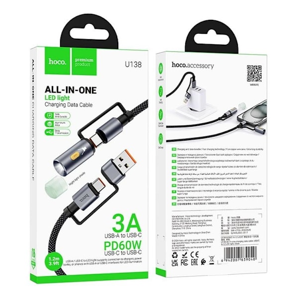 Hoco USB-A/USB-C Til USB-C LED Lys 60W 3A Kabel 1.2m U138 - Sort Svart