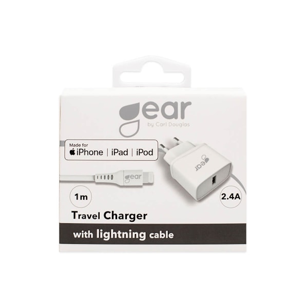 GEAR - Laddare 220V 1xUSB 2,4A Vit Lightning Kabel 1m MFI C89 Vit