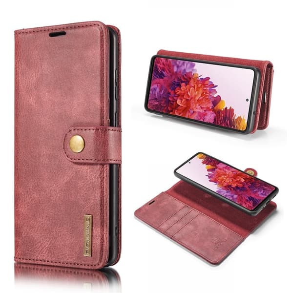 DG.MING 2-i-1 Läder Plånboksfodral + PC Baksida för Samsung Galaxy S20 FE Vinröd