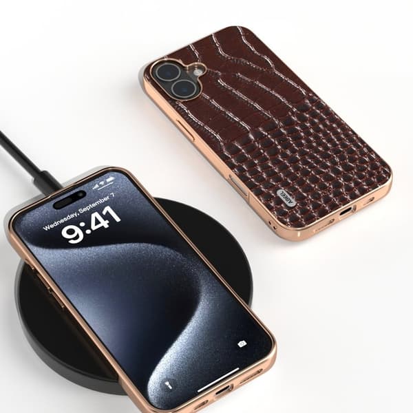 ABEEL Mobilskal till iPhone 16 Electroplaterad Äkta Läder - Brun