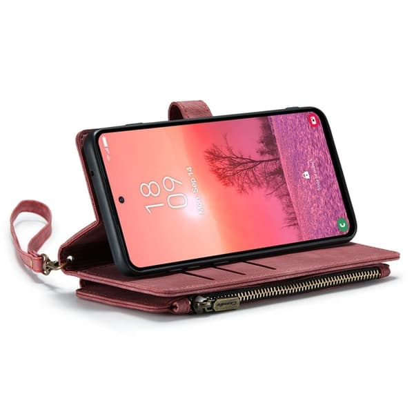 CASEME Konstläder Plånboksfodral för Samsung Galaxy A35 5G med rem - Röd