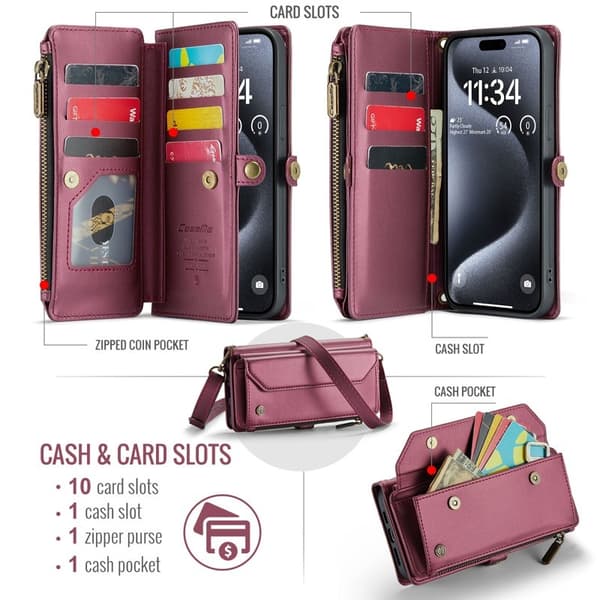 CASEME iPhone 16 Pro Max Plånboksfodral Konstläder med kortfack Vinröd