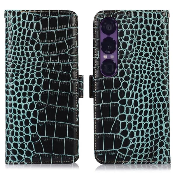 Sony Xperia 1 VII Äkta Läder Plånboksfodral Crocodile Texture - Grön