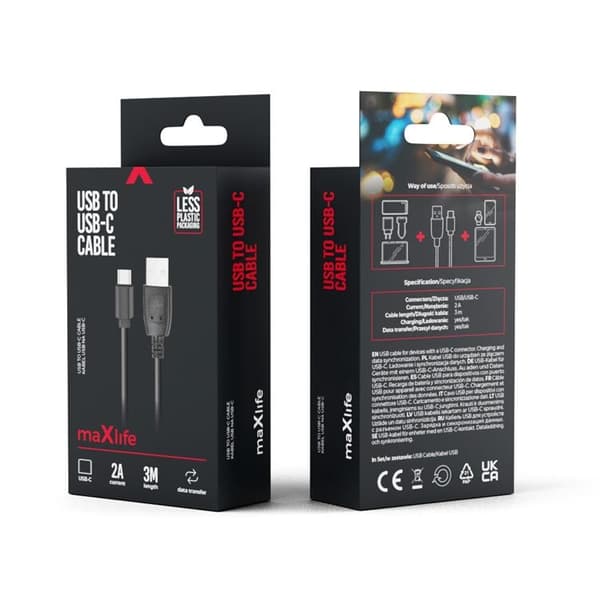 Maxlife USB-C till USB-A kabel 3m 2A - Svart Black