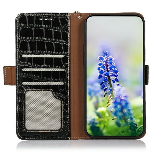 iPhone 17 Plånboksfodral Äkta Läder Crocodile - Svart Svart