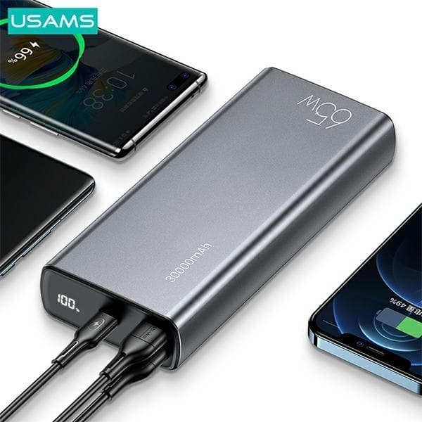 USAMS Powerbank 30000mAh 65W 2xUSB-A 1xUSB-C Med USB-C Kabel Svart