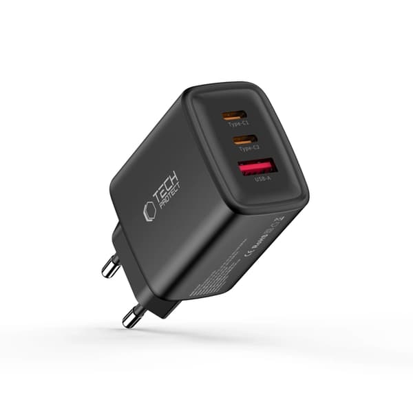 Tech-Protect 3-ports hurtigoplader PD 65W QC3.0 NCA65W-GAN Svart