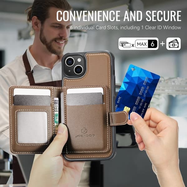 JEEHOOD J09 Mobilskal till iPhone 15 RFID Blocker Läder MagSafe - Brun