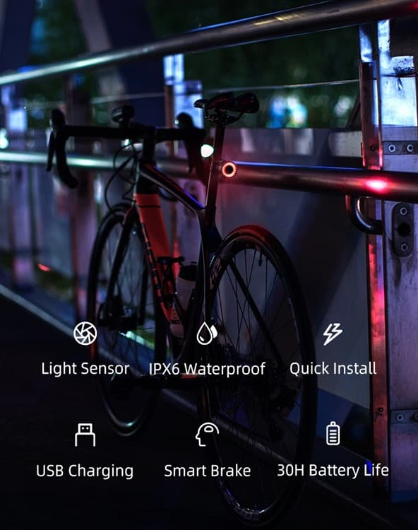 Rockbros Q3 baglygte med intelligent stop-system - Sort Svart