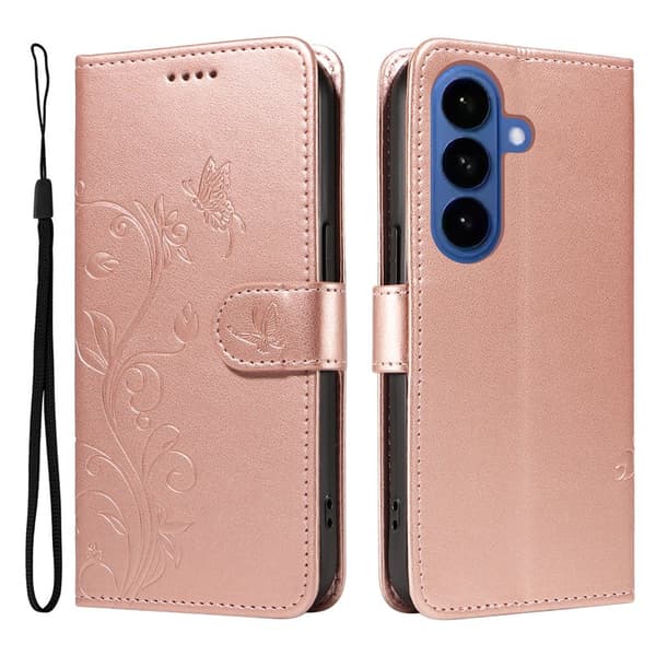 Plånboksfodral för Samsung Galaxy S26 Plus Konstläder Blommönster - Roséguld