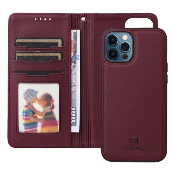 BETOPNICE iPhone 12 Pro Max Plånboksfodral Konstläder - Vinröd